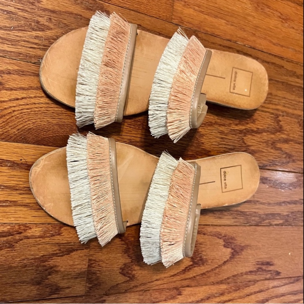 Dolce Vita Tan and Cream Fringe Sandals